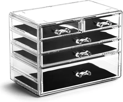 BINO THE MANHATTAN SERIES Acrylic Makeup Drawer Organizer-3 Large 2 Small Drawer | Clear Beauty Organizers and Storage| Cosmetic & Makeup Organizer | Home Organization| Jewelry & Vanity Accessories
