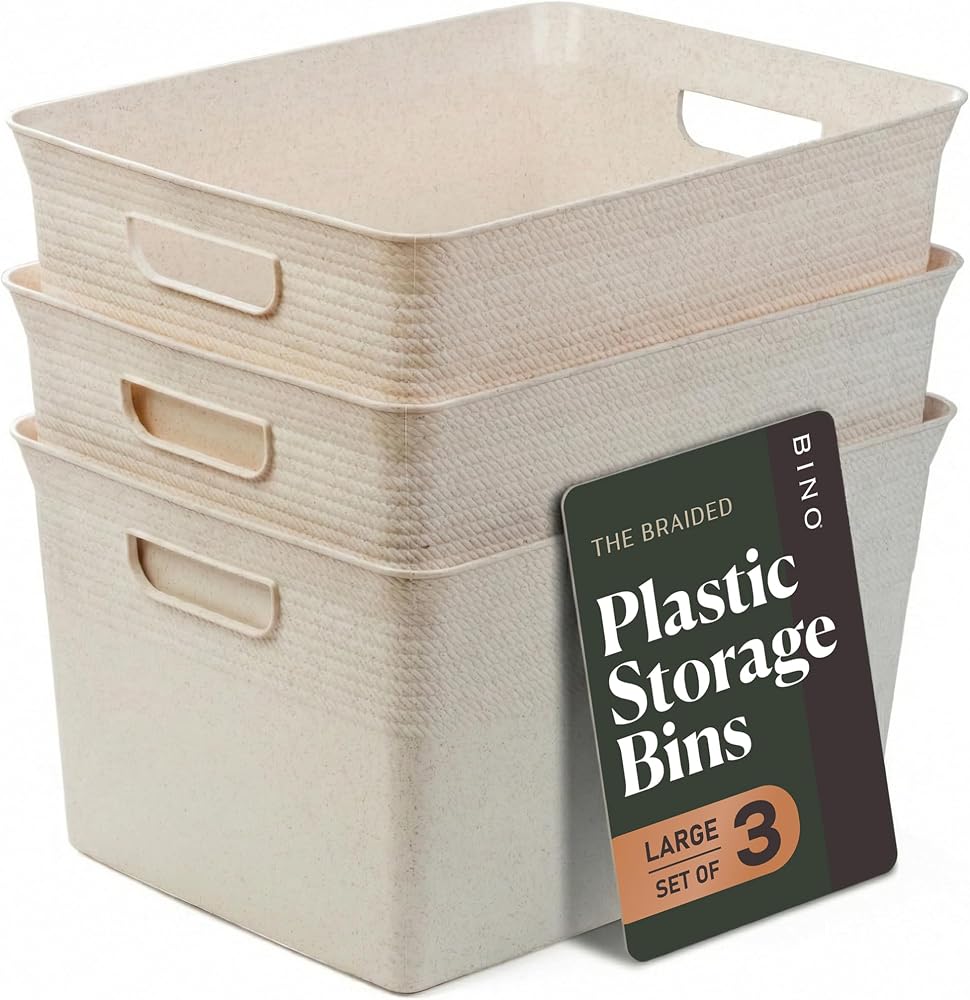 BINO | Plastic Storage Bins, 22 Liter - 3 Pack, Natural | THE BRAIDED COLLECTION | Plastic Bins for Organization | Woven Storage Baskets for Organizing | Pantry Shelf Organizer Basket Container Bin